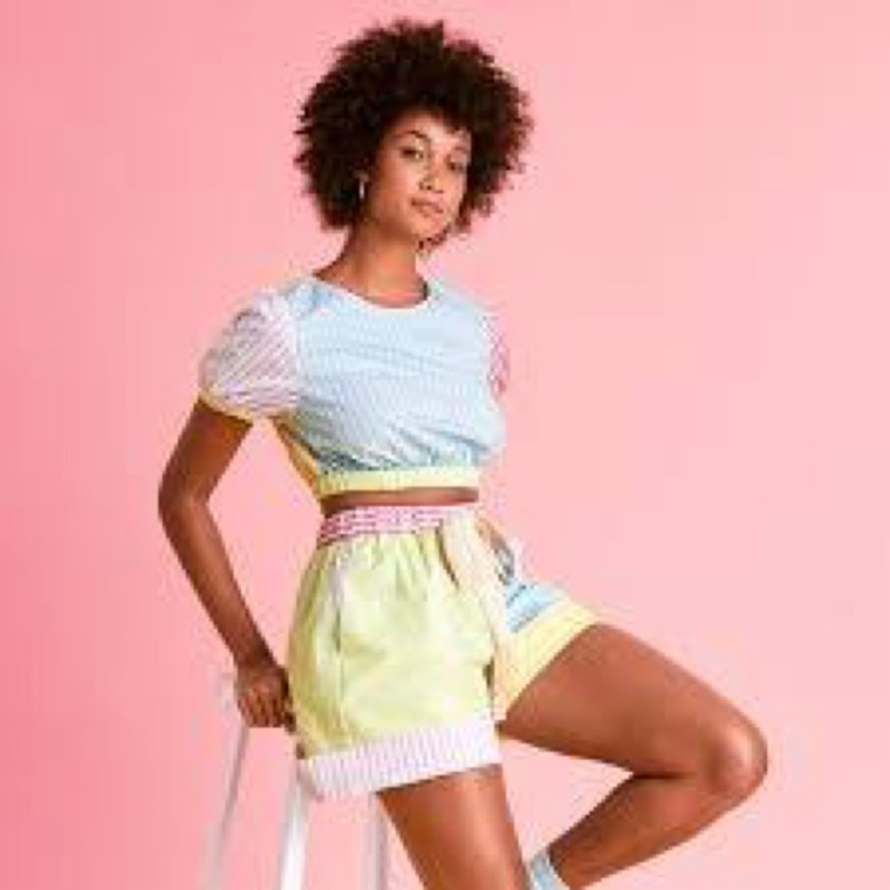 STAUD Striped Patchwork Set: Athena Crop Top (S) & AFT Shorts (XS)